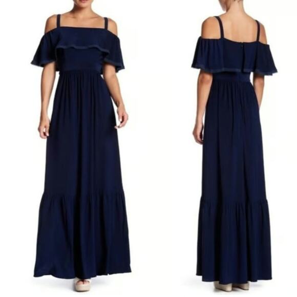 Eliza J Sz 12 Navy Blue Off Shoulder Tiered Hem Ruffle Neckline Dress Maxi - Picture 1 of 8